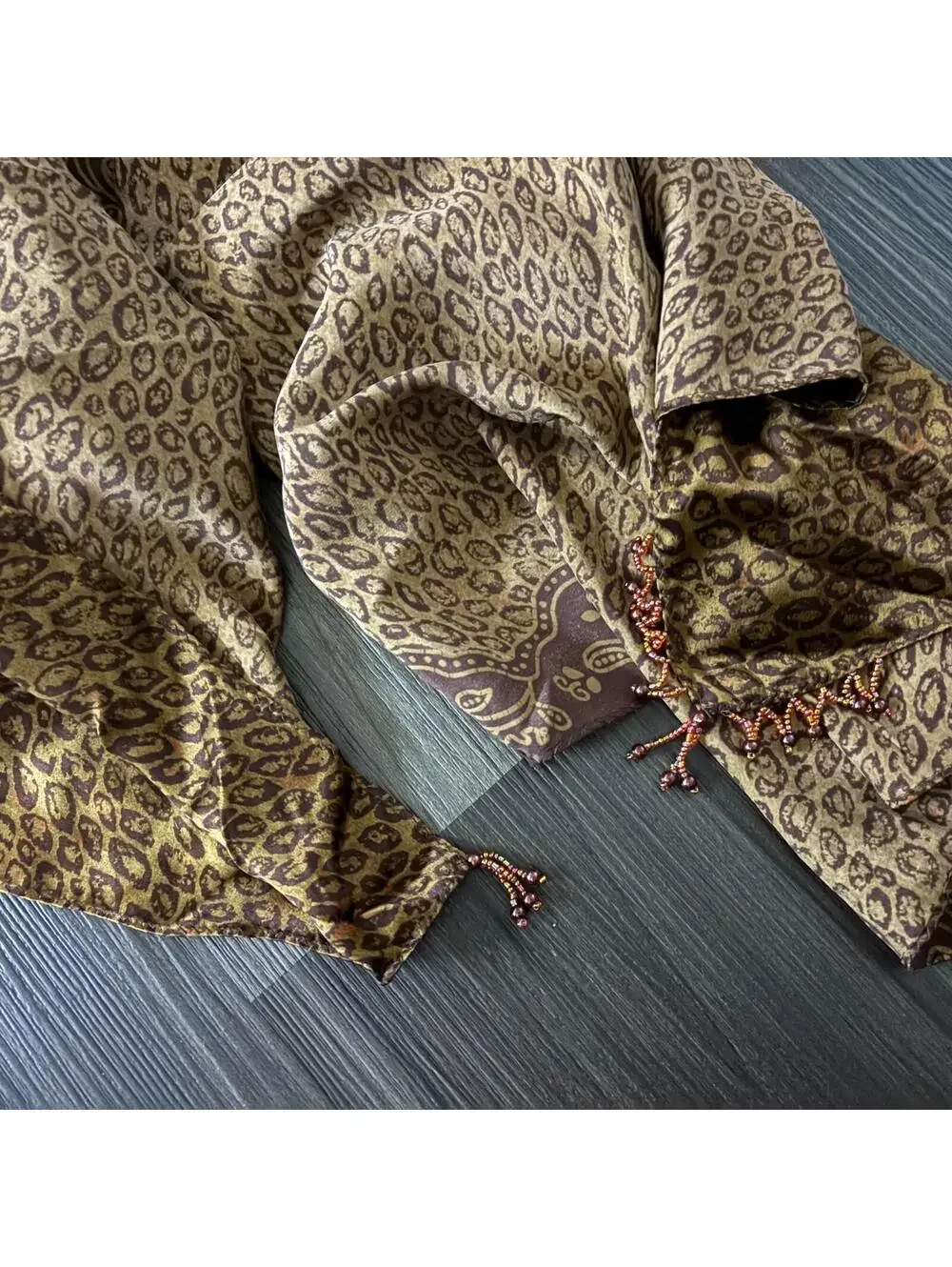 Vintage Victoria's Secret Silk Scarf Sarong Animal Print Beaded Corners Brown